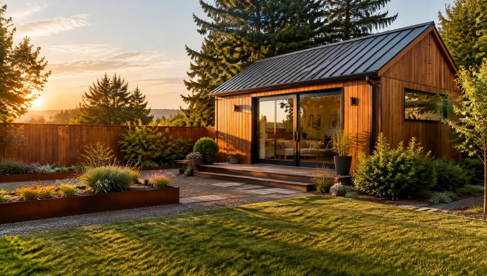 Finished cedar backyard studio with glass doors in a landscaped garden