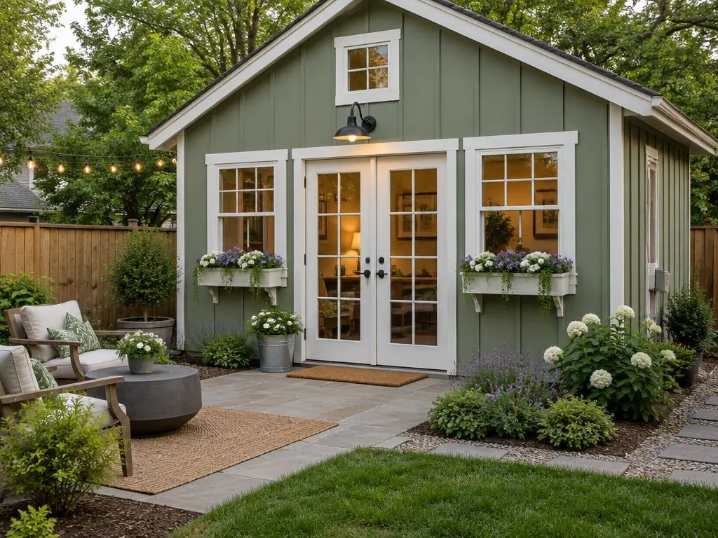 Custom sage green backyard studio with window boxes